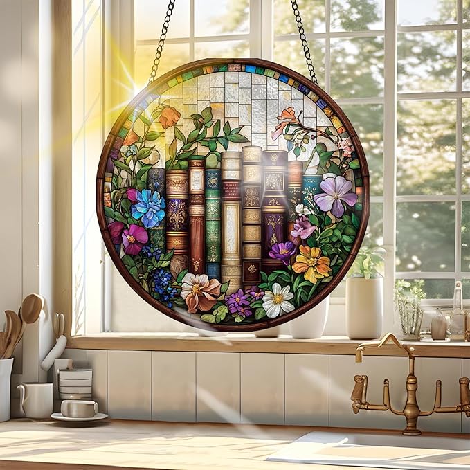VAIIEYO Book Sun Catcher Stained Glass Window Hanging Ornament, Handmade Sun Catcher Flower Decoration with Hooks for Window Garden Home, Birthday Housewarming Gift 7.8 inch