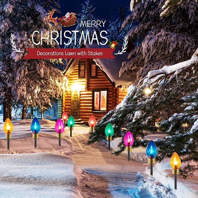 Moonflor Jumbo C9 Christmas Pathway Lights Outdoor - 8.5 Feet 5 LED C9 Walkway Light, C7 Light Covered Jumbo Multicolor Bulb Christmas Lights Outdoor Decorations for Lawn Holiday Outside Yard Garden