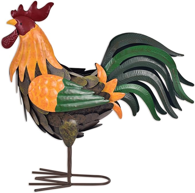 Sunset Vista Designs Outdoor Yard Decor - 3 Dimensional Metal Rooster Garden Sculpture, 6.69" x 18.1" x 19.2", G. Money