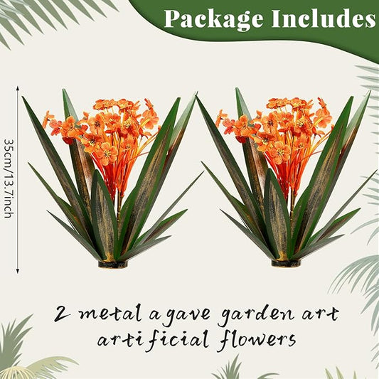 2Pcs Spring Metal Agave Plant Outdoor Decor Sculpture Flowers Mexican Yard Art Outdoor Garden Decoration Rustic Mums Metal Agave Garden Art for Patio Lawn Decorative Gifts