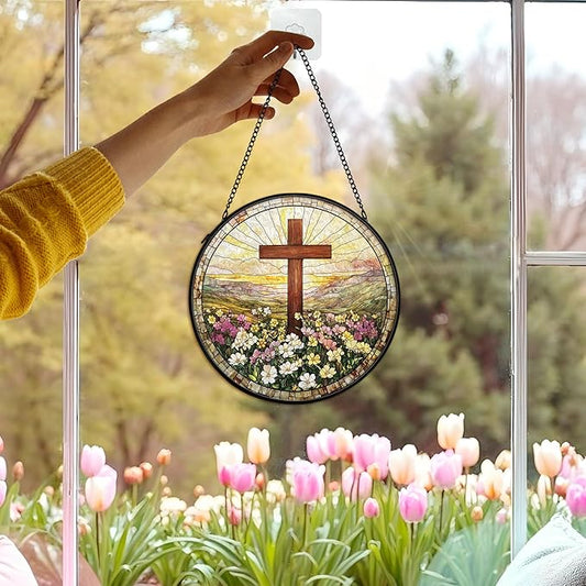 Christian Suncatcher Stained Glass Cross Window Hanging Wall Decor, Christmas Religious Gifts for Women, Easter Religious Baptism Floral Garden Lawn Sun Catchers for Window Hanging Art, 7.9x7.9