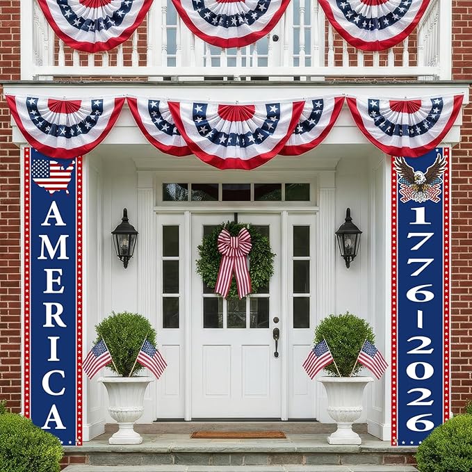 4th of July Decorations Outdoor - 250th Anniversary Decorations 2 Pack Patriotic Porch Banners for Independence Day - USA Spirit 1776-2026 US Birthday Hanging Flag Front Door Porch Signs Indoor Outdoor