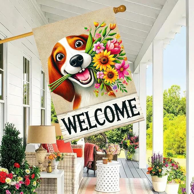 BlissYard Welcome Spring Summer Garden Flag 12x18 Inch Double Sided Beagle Puppy Dog Daisy Seasonal Garden Flag Decoration Yard Small Flag For Rustic Farmhouse Outdoor Banner Party Home Decor