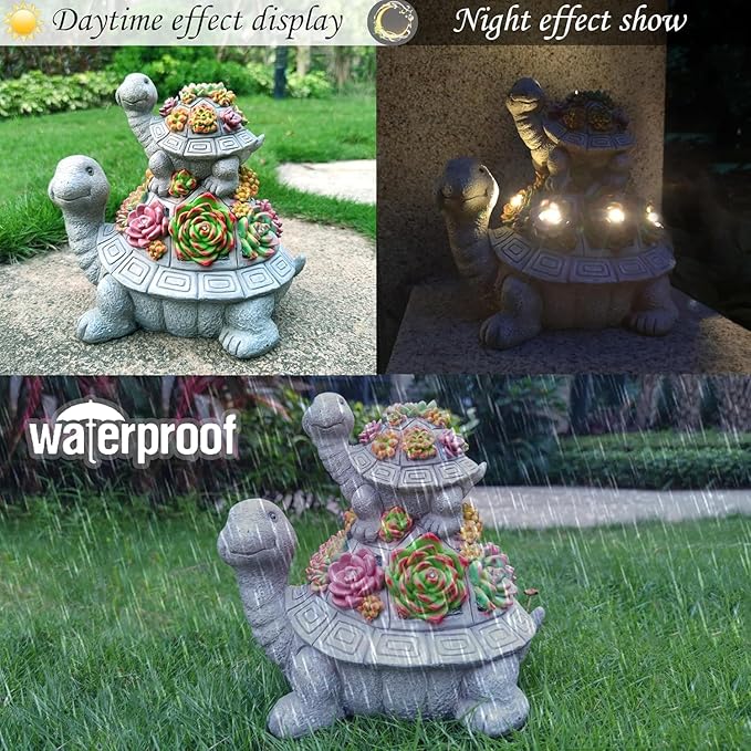 Solar Turtle Garden Outdoor Statues with Succulent and 7 LED Lights, Lawn Decor Tortoise Statue for Patio, Balcony Outdoor Figurines Solar Light, Unique Birthday Gifts for Mom,