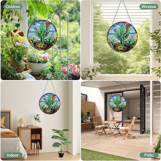 Cactus Stained Glass Window Hanging Suncatcher with Chain - 7.9" Arizona Outdoor/Indoor Art Decor for Home Garden, Thanksgiving, Wedding, Mother's, Valentine's & Christmas Ornaments Present