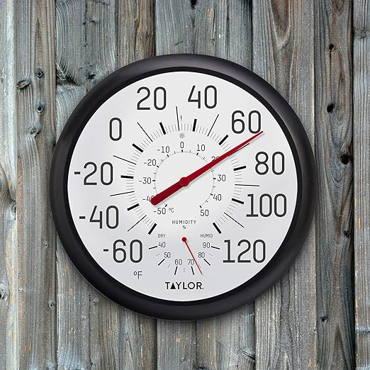 Taylor Wall Thermometer and Humidity Guide, Wireless Thermometer with Easy to Read Large Numbers for Patio, Pool, and Indoor Areas, 13.25-inch, Black