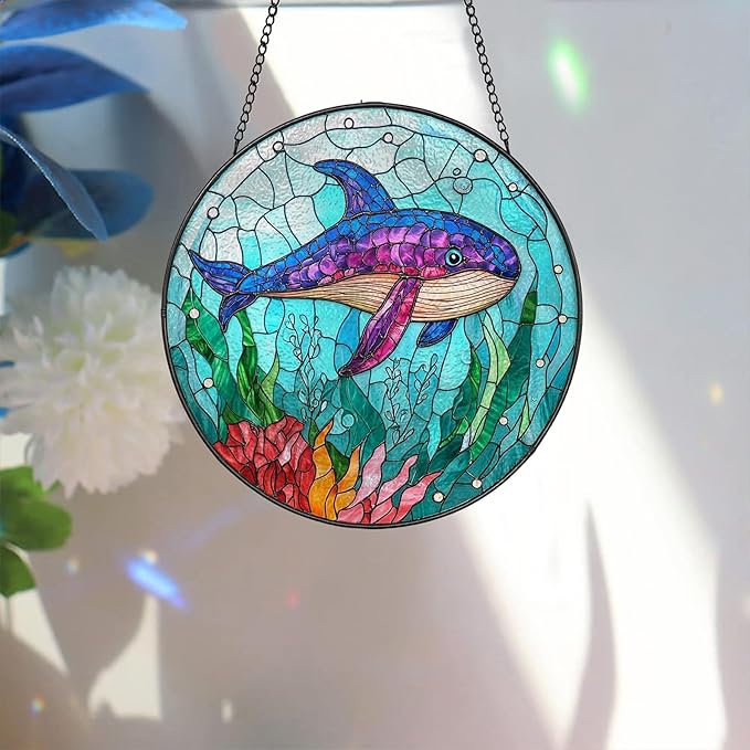 Bimkole Shark Stained Glass Suncatcher Window Hanging - Ocean Indoor Window or Doorway Decoration - Handmade Sun Catcher Decor for Garden Home Christmas & Birthday Gifts 7.87x7.87 Inch