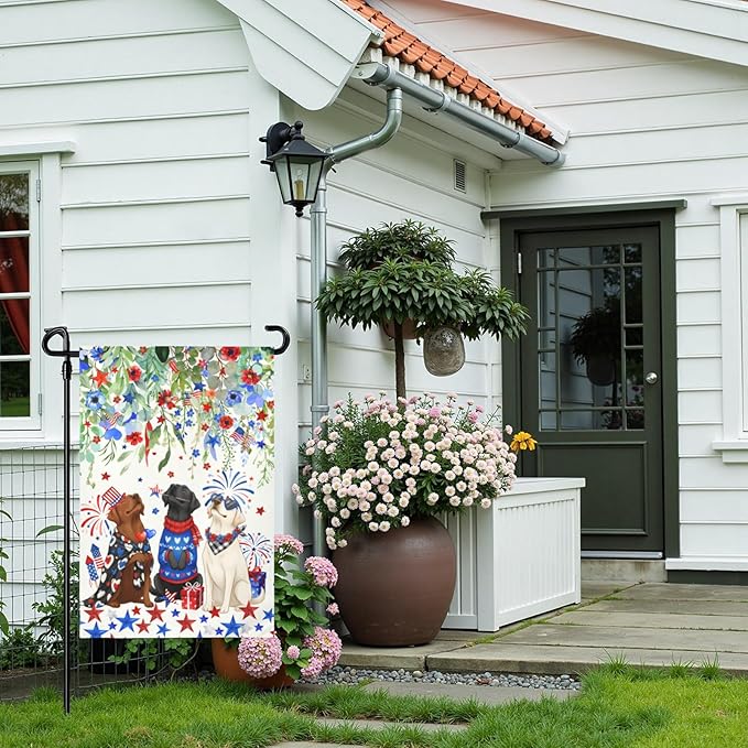 Patriotic Dog Garden Flag 4th of July Black Lab Yard Sign White Chocolate Labrador Banner 12x18 Double Sided for Outside Small 250 Anniversary USA Independence Memorial Day Decor