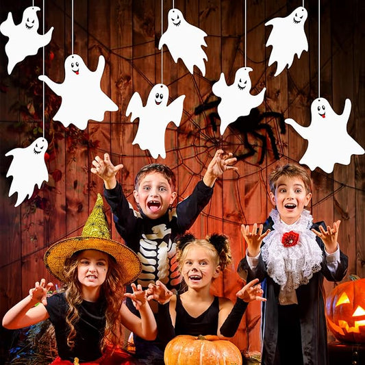 Blulu 12 Pcs Hanging Bats with Lights Halloween Decoration Outside Pumpkin Skeleton Spider Outdoor Lawn Decorations 3 Size Realistic Ghost for The Tree Porch Yard Lawn Indoor(Ghost)