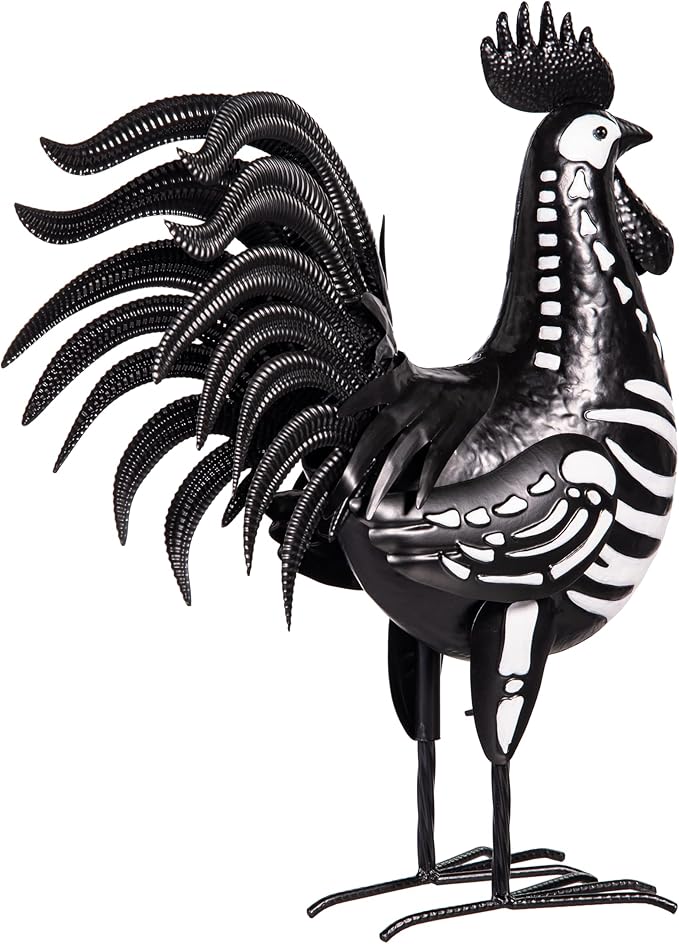Evergreen Garden 19" Skeleton Rooster Metal Animal Statue | Indoor and Outdoor Safe | Halloween Decoration for Garden Yard Lawn Party | Rustic Farmhouse Chicken Decor