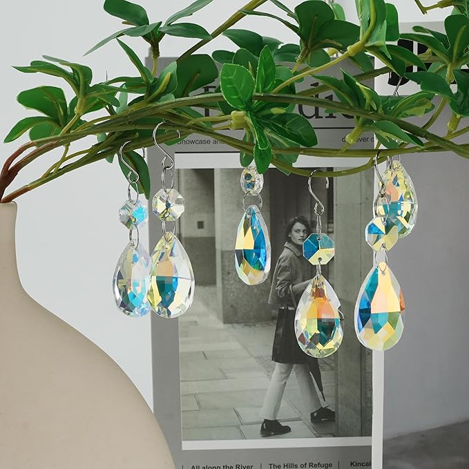 10pcs Crystal Sun Catcher, 38mm Hanging Clear Teardrops Crystals Chandelier Parts Prisms Pendants with Hook for Windows Lamps and Lanterns Party Birthday Decorations Home Decor (AB Color Teardrop)