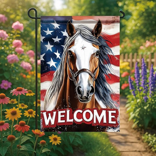 Spring Summer Garden Flag 12x18 Inch Patriotic Horse Welcome American Outdoor Western Farm Animal Design Outdoor Yard Porch Lawn for Seasonal Americana Country Home Decor