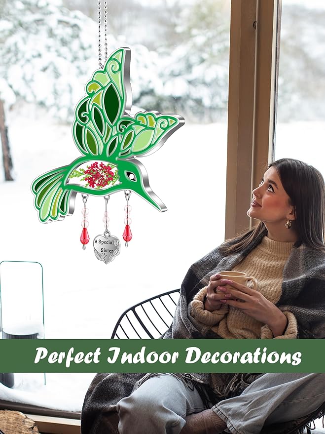 KY&BOSAM Hummingbird Suncatcher A Special Sister Hangings Ornament Home Decor for Windows Wind Chime with Pressed Real Flower and Metal Heart Charm Birthday Gifts for Women Mothers Day Christmas