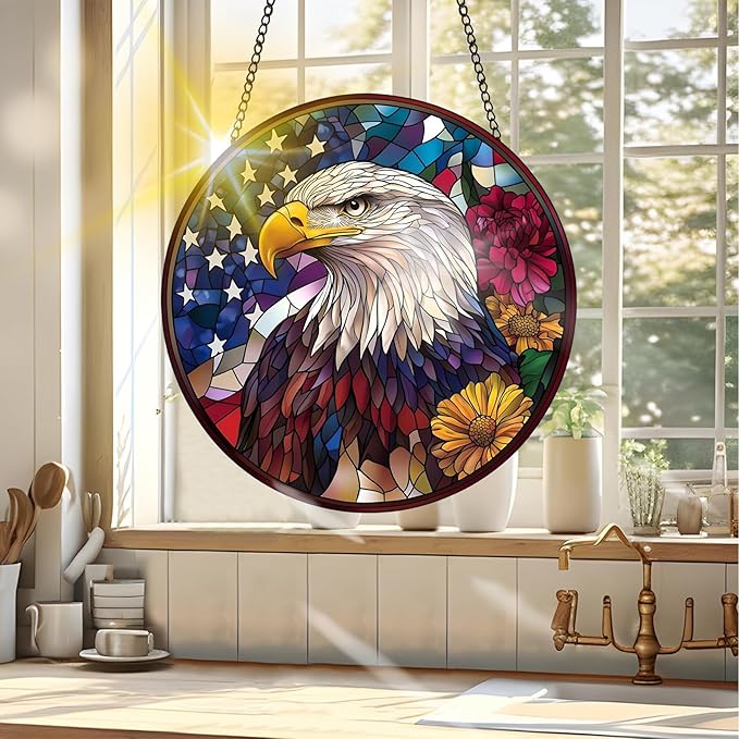 VAIIEYO Eagle Sun Catcher Stained Glass Window Hanging Ornament, Handmade Bird Sun Catcher Animal Decoration with Hooks for Window Garden Home, Mother's Day & Birthday Housewarming Gift (7.8 inch)
