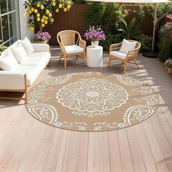 Pauwer Waterproof Outdoor Rug 8ft, Reversible Plastic Straw Patio Camping Rug, Indoor Outdoor RV Mat Carpet for Deck, Camper, Porch, Balcony, Backyard, Picnic, Boho Brown