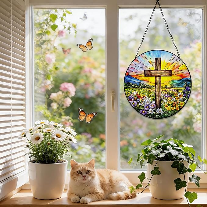 Stained Glass Window Hanging, 8 Inch Stained Glass Cross Wildflower Suncatcher, Sun Catchers Indoor Window, Floral Cross Religious Home Garden Decor Glass Panel, Easter Faith Christian Gifts for Women