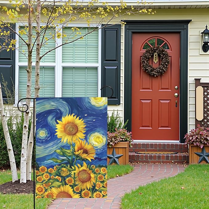 Sunflower Garden Flag Spring Summer Sunflowers Yard Flags Vibrant Van Gogh Starry Sky House Banners Double Sided Rustic Farmhouse Floral Banner for Porch Patio Landscape Decor 12 x 18 Inch