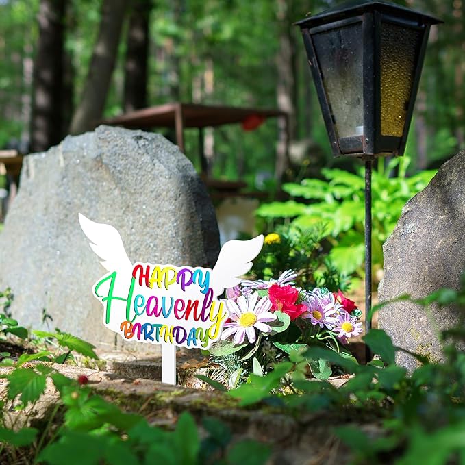 AceOrbit 13.8 X 7.9 Inches Large Happy Birthday in Heaven Decorations Cemetery Decorations for Grave Metal Memorial Remembrance Stake, Grave Markers for Human Cemetery Garden Yard Site Outdoor(White)