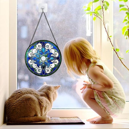 DASTOLL Stained Glass Window Hanging, Boho Style Sun Catchers Diamond Glass Panel Hangings Tiffany Suncatcher Decor for Birthday for Women, Men, Wife, Aunt, and Mom 6.3 in