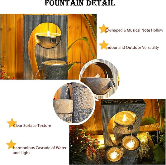 Tankana Water Fountain Zen Feature Outdoor Indoor - Waterfall Garden Freestanding Fountains ρ-Shaped Hollow Artistry Design with LED Lights for Home Decor Patio Yard Pool, 41 inches