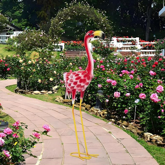 Flamingo Garden Metal Statues - Pink Flamingo Sculptures, Metal Birds Yard Art Outdoor Statue, Outdoor Backyard Decor, Patio, Porch, Lawn Ornament Large Iron Yard Decoration - 33 Inch
