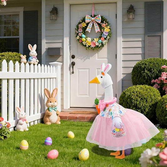 GJL Easter Porch Goose Outfits Fits 23" Cement Plastic Goose Statue Porch Goose Clothes with Hat, Basket, Carrot & 6 Easter Eggs for Easter Indoor or Outdoor Garden Decor