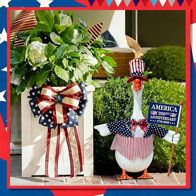 4th of July Porch Goose Outfits, Patriotic Porch Goose Outfits for 23 Inch Lawn Statue, Memorial Day 250th Years Anniversary USA Sculpture Clothes for Garden&Outdoor Patio Party Decoration