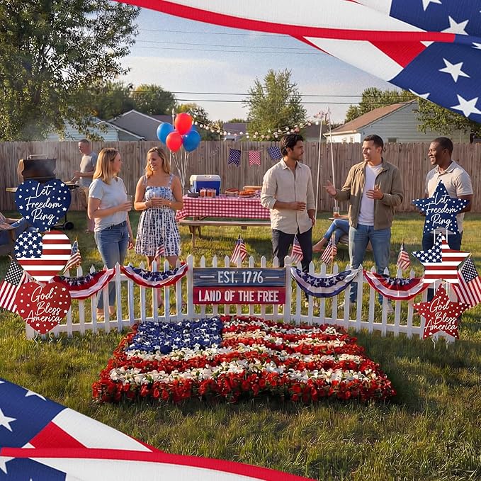 RattanView 6 Pack Outdoor 4th of July Yard Signs Stars and Heart Front Porch Decor with Stakes Red White Blue Lawn Sign Flower Pot for Garden Patio Lawn Independence Day Patriotic Party Decorations