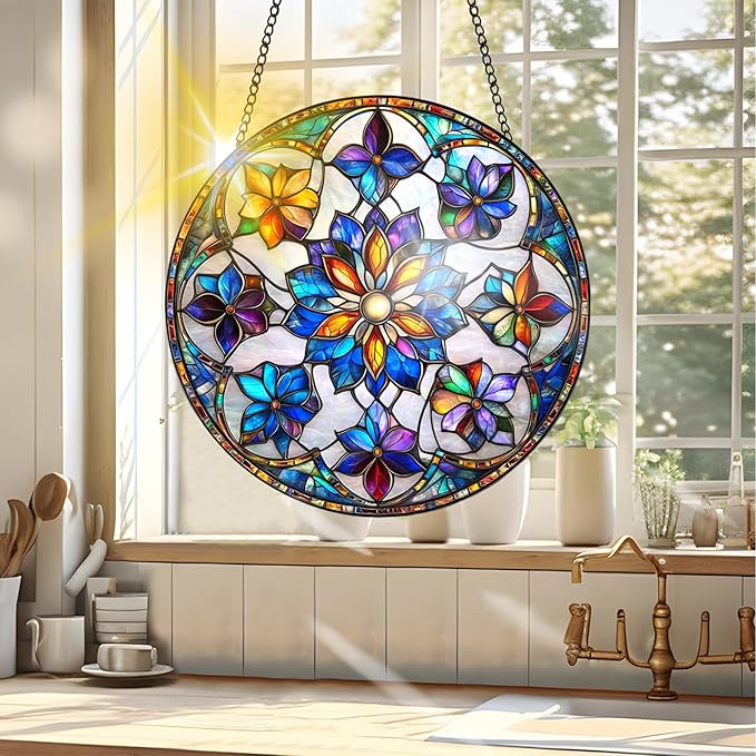 VAIIEYO Flower Sun Catcher Stained Glass Window Hanging Ornament, Handmade Sun Catcher Plant Decoration with Hooks for Window Garden Home, Mother's Day & Birthday Housewarming Gift (7.8 inch)