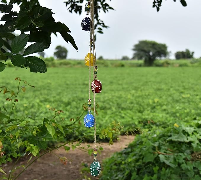 Vintage Christmas Bells – 32" Hand-Painted Metal Hanging Wind Chime with Rustic Cowbells & Jingle Bells Handcrafted Witch Bells for Door, Farmhouse & Boho Decor, Christmas Decor