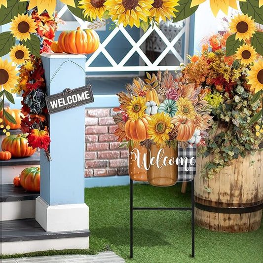 Amyhill 1 Pcs Outdoor Decor Garden Stakes 25 Inch Welcome Yard Signs Decorations Outdoor Decorative Garden Stakes Decorations Patio Lawn Walkway (Fall)