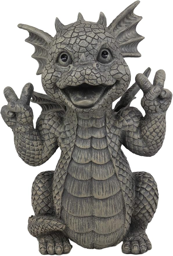 Ebros Whimsical Garden Dragon with Hippie Peace Sign Gesture Statue 10.5" Tall Cute Baby Dragonling Smiling Wide Faux Stone Resin Finish Figurine Home Decor Sculpture