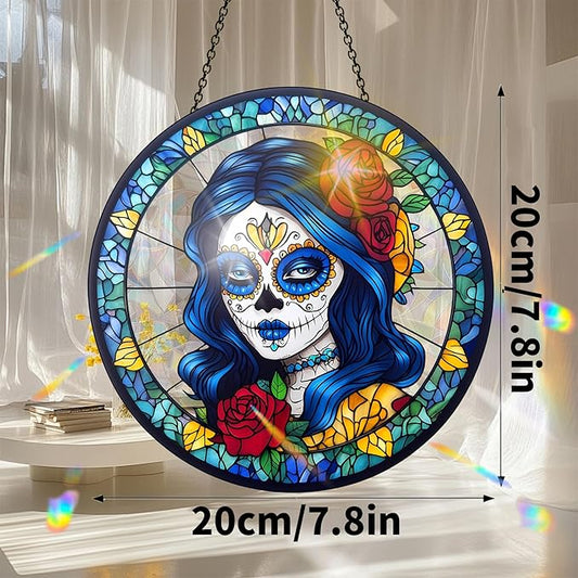 VAIIEYO Skull Women Acrylic Sun Catcher Window Hanging Decoration, 7.8 Inch Double-Sided Light Reflecting Ornament for Window, Garden, Porch or Balcony Decor, Housewarming, Gift for Natural Lovers