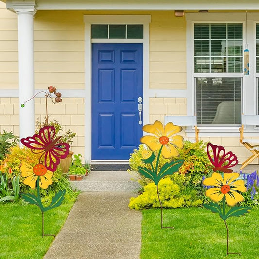 3 Pack Butterfly&Flower Metal Flowers for Outside & Decorative Garden Stakes - Metal Yard Art Outdoor and Garden with Rustproof Design | Spring Lawn Ornaments for Porch,Backyard,Patio
