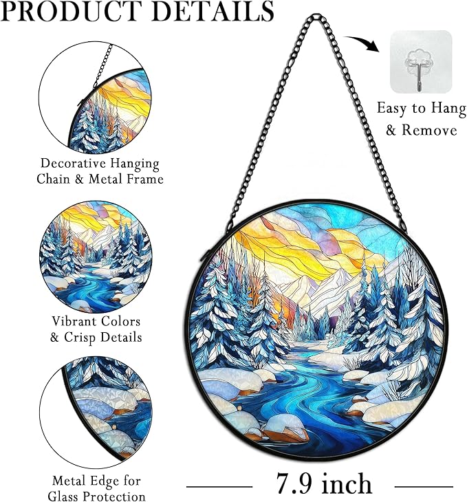 Winter Wonderland Christmas Suncatcher Stained Glass Window Hanging Decorstions, Landscape Stained Glass Wall Decor, Winter Solstice Gifts, Forest Garden Sun Catchers Window Art, 7.9x7.9 Inch