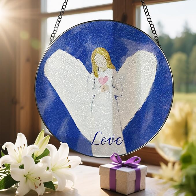 8'' Love Angel Ornament, Stained Glass Window Hanging, Sun Catcher Window Decor, Holiday Decor, Gifts for Christmas, Christian Gift, Religious Gift, Spiritual Gifts for Women & Friends