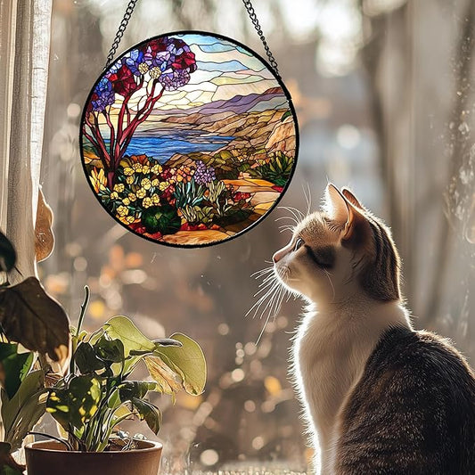 Stained Glass Window Hanging Retro Wildflowers Lake Mountain Scenery 9.8" - Suncatcher Door Garden Sun Catcher Home Decor Birthday Christmas for Mom Men Woman Friend