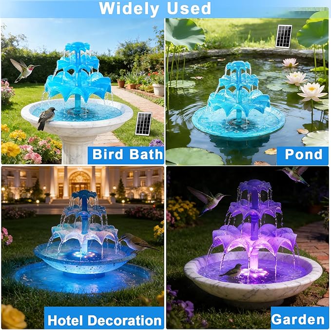 Yeomi 3-Tier Solar Fountain Pump with LED Lights, 24H Outdoor Water Feature, Detachable Design, Multi-Function Bird Bath Water Fountain for Garden Patio Yard Backyard Pond, 3.5W