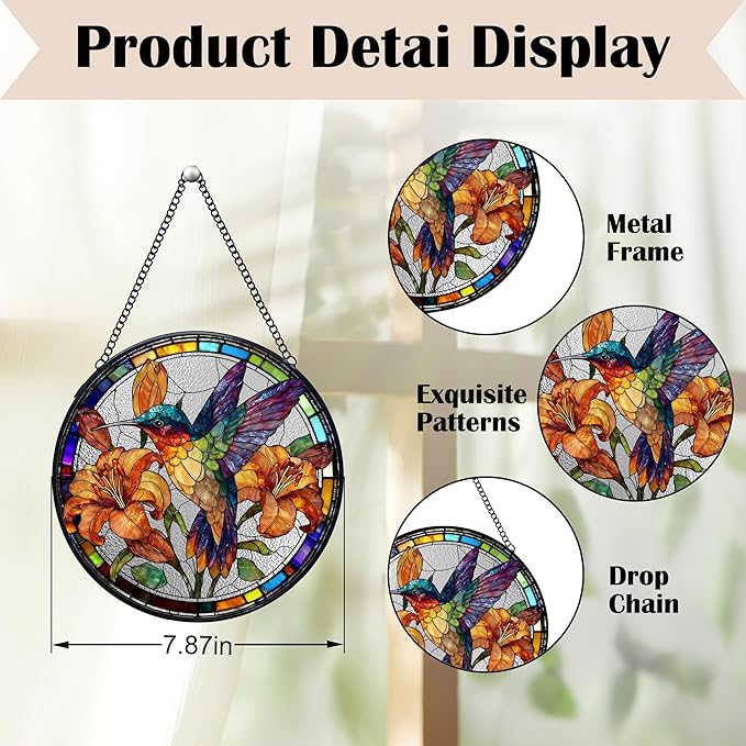 Hummingbird Flower Stained Glass Window Hanging Suncatchers, Hummingbird Bird Sun Catchers Indoor Window Glass Wall Art Decor, Bird Floral Wall Hanging Decorations Sculptures, 7.9x7.9in