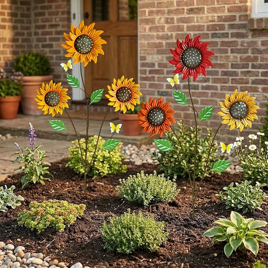 Metal Flowers for Outside, 30-Inch Iron Sunflower Garden Stakes Set of 2, Colorful Metal Yard Art for Outdoor and Garden, Decorative Garden Stakes for Patio & Lawn Decor