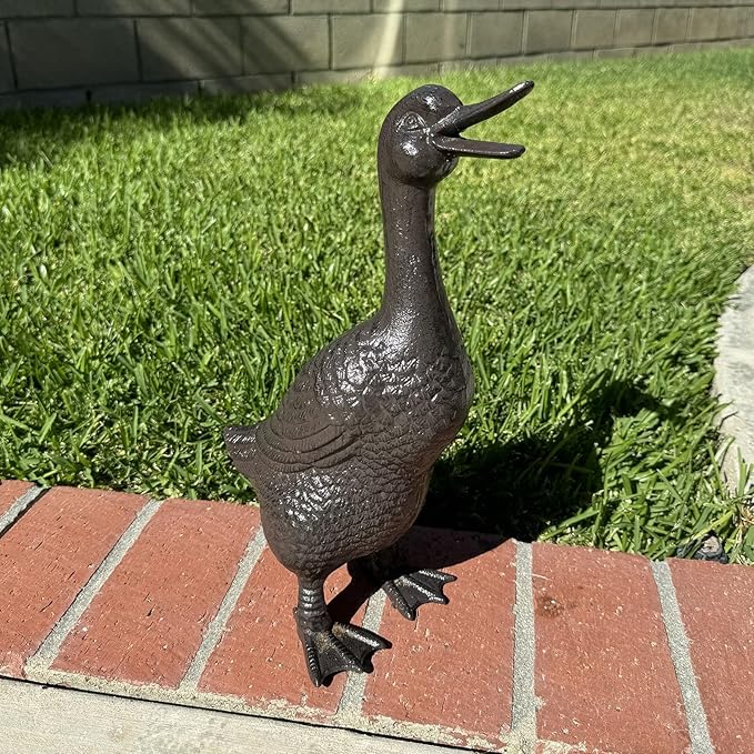 Cast Iron Duck Statue (15.7" Tall) - Heavy Duty Outdoor/Indoor Decor, Rust Brown Garden Art with Lifelike Feather Detailing, Weatherproof Bird Sculpture for Patio, Lawn & Home HC5387