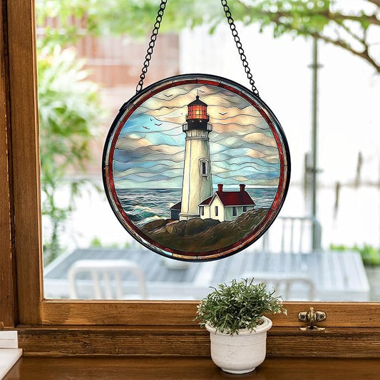 TNUW Lighthouse Stained Glass Window Hanging, Coastal Ocean Lighthouse Sun Catchers Indoor Window Glass Round Wall Art Decor, Nautical Beach Light House Wall Hanging Decorations, 7.9"x7.9"