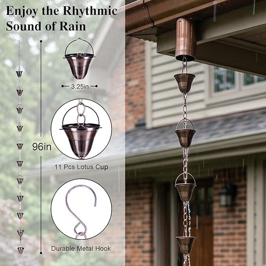 TZSSP Rain Chains Bell Style Gutter Installation – 8.5 ft Bell Style, Weatherproof & Adjustable Rain Chain– Soothing Water Sound (S-Hook Included)