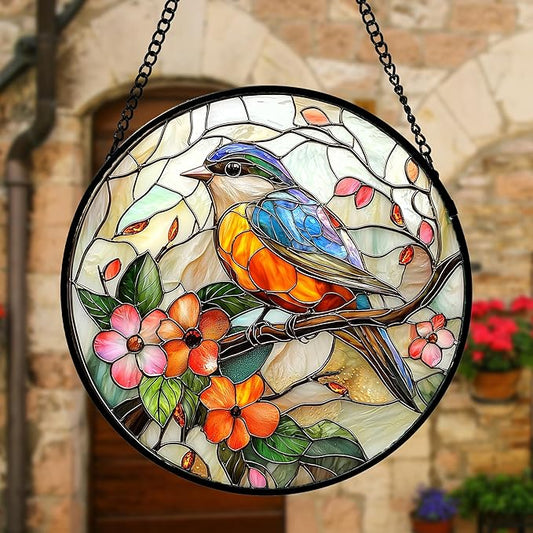 DASTOLL Stained Glass Window Hanging, Blue Bird Pink Flower Suncatcher Diamond Glass Panel Bird Sun Catchers Decor for Birthday for Women, Men, Wife, Aunt, and Mom 9.8 in