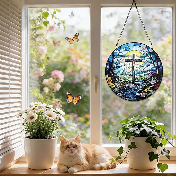 Stained Glass Cross Suncatcher, 8 Inch Christian Stained Glass Window Hanging, Religious Sun Catchers Indoor Window, Nature Landscape Flower Home Garden Decor Easter Faith Christian Gifts Ornaments