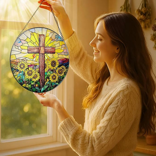 Stained Glass Suncatcher, Sunflower & Cross Sun Catcher Ornament; Stained Glass Window Hanging, Christmas Ornament, Christian Home Decor; Baptism Gift, Christian Gifts, Religious Gifts