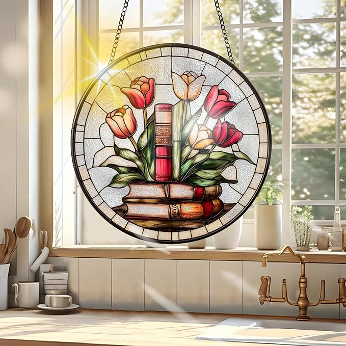 VAIIEYO Book Sun Catcher Stained Glass Window Hanging Ornament, Handmade Sun Catcher Rose Decoration with Hooks for Window Garden Home, Christmas & Birthday Housewarming 7.8 inch