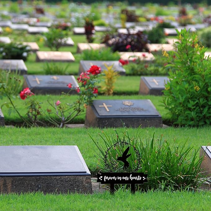 Geelin Memorial Stakes Cemetery Decorations for Grave Hummingbird Grave Marker Memorial Plaques Bird Flower Gift for Loss of Mother Father Outdoors Yard Garden Decor(Forever Our Hearts)