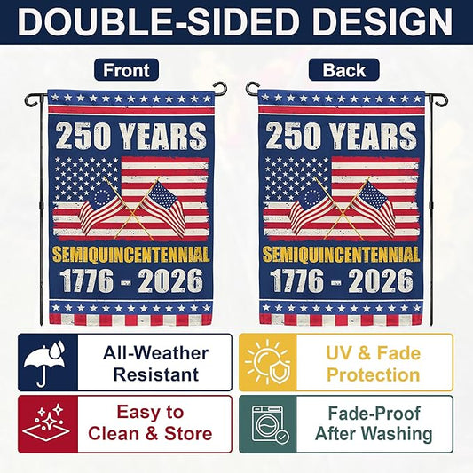 250th Anniversary America USA Garden Flag for Outside, Crossed Flags Semiquincentennial 250 Years 1776-2026 Patriotic Double-Sided Waterproof Yard Flag 12x18 Inch for 4th of July Memorial Day Decor