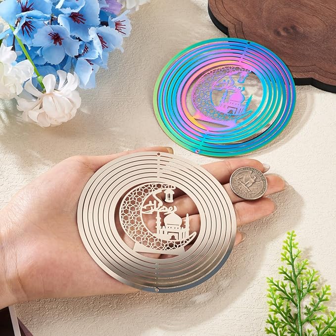 Ramadan Wind Spinners Outdoors Stainless Steel Wind Sculpture Spinner for Garden Outside Hanging Decor Gradient Twisted Winds Chimes for Eid Mubarak Theme Yarn Home Garden Decor 2Pcs
